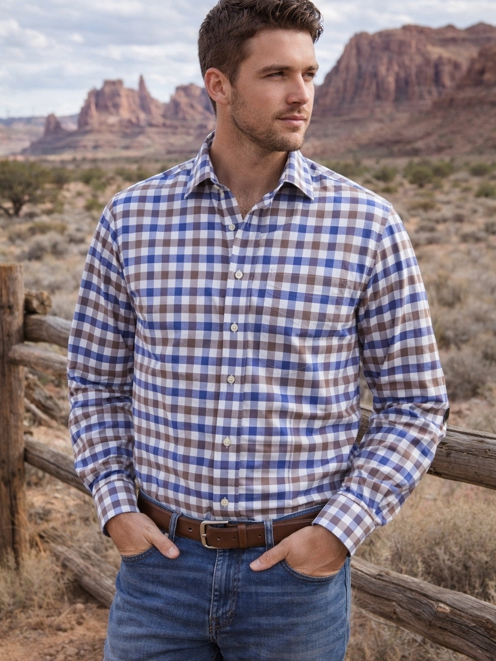 Club Room Blue Brown Plaid Button-Down Men Shirt 16 1/2